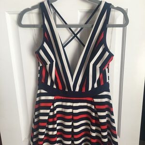 Striped low v cut front dress with zip back
